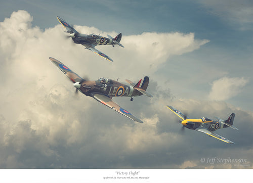 Victory Flight airshow performance featuring a Spitfire, Hurricane, and Mustang.