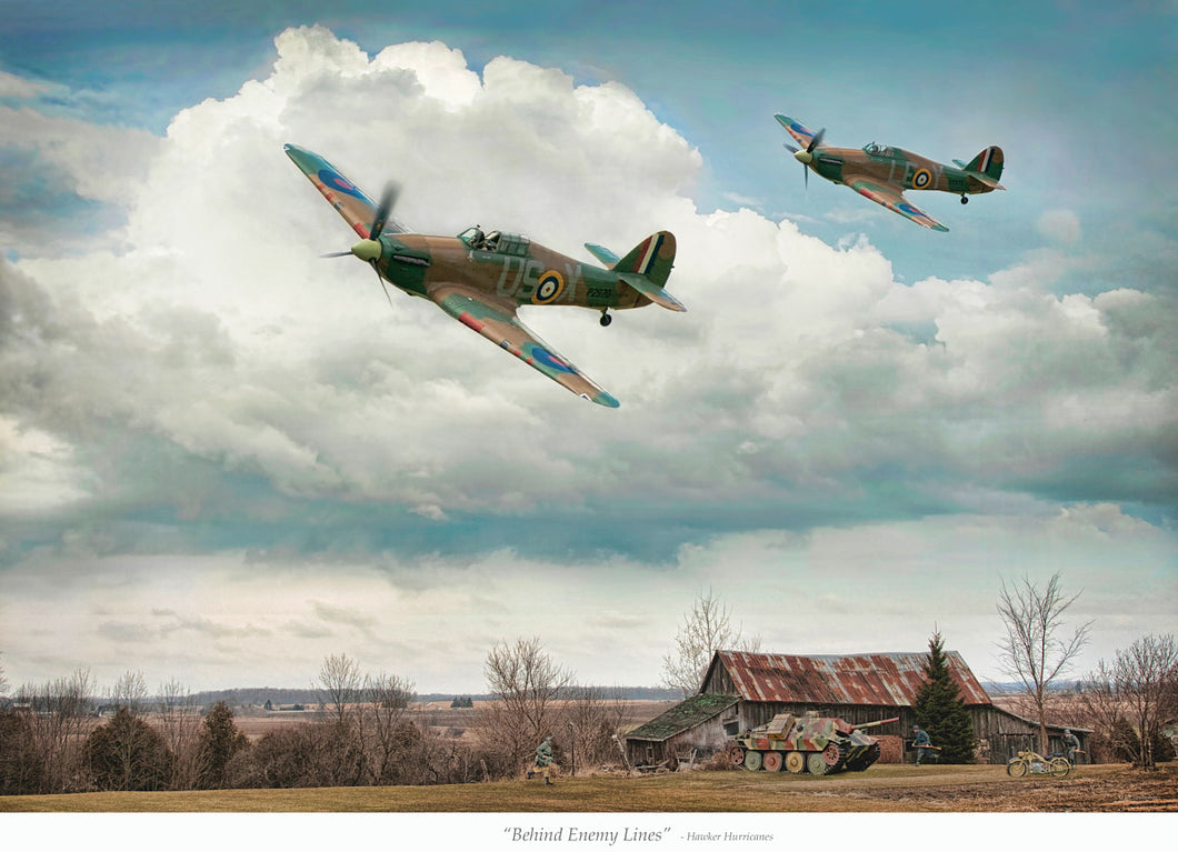 Two Hawker Hurricanes flying over a country landscape with German soldiers below.