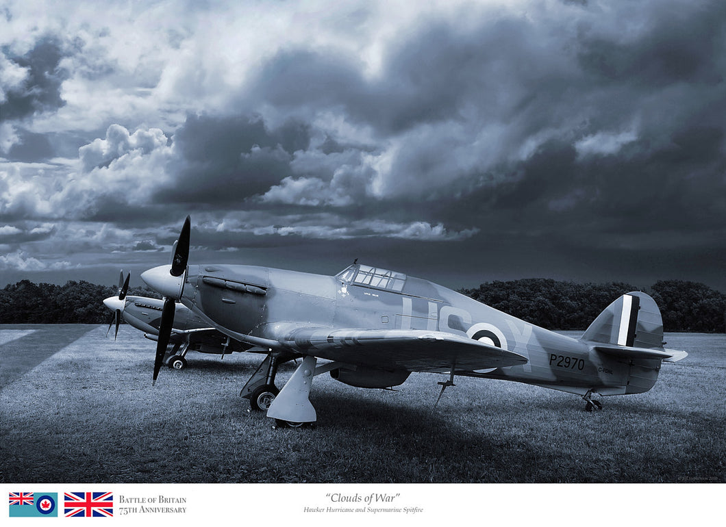 Hawker Hurricane and Spitfire parked on a grass airstrip with blue tones.