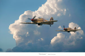 Two Hawker Hurricane aircraft flying  with clouds in the background.